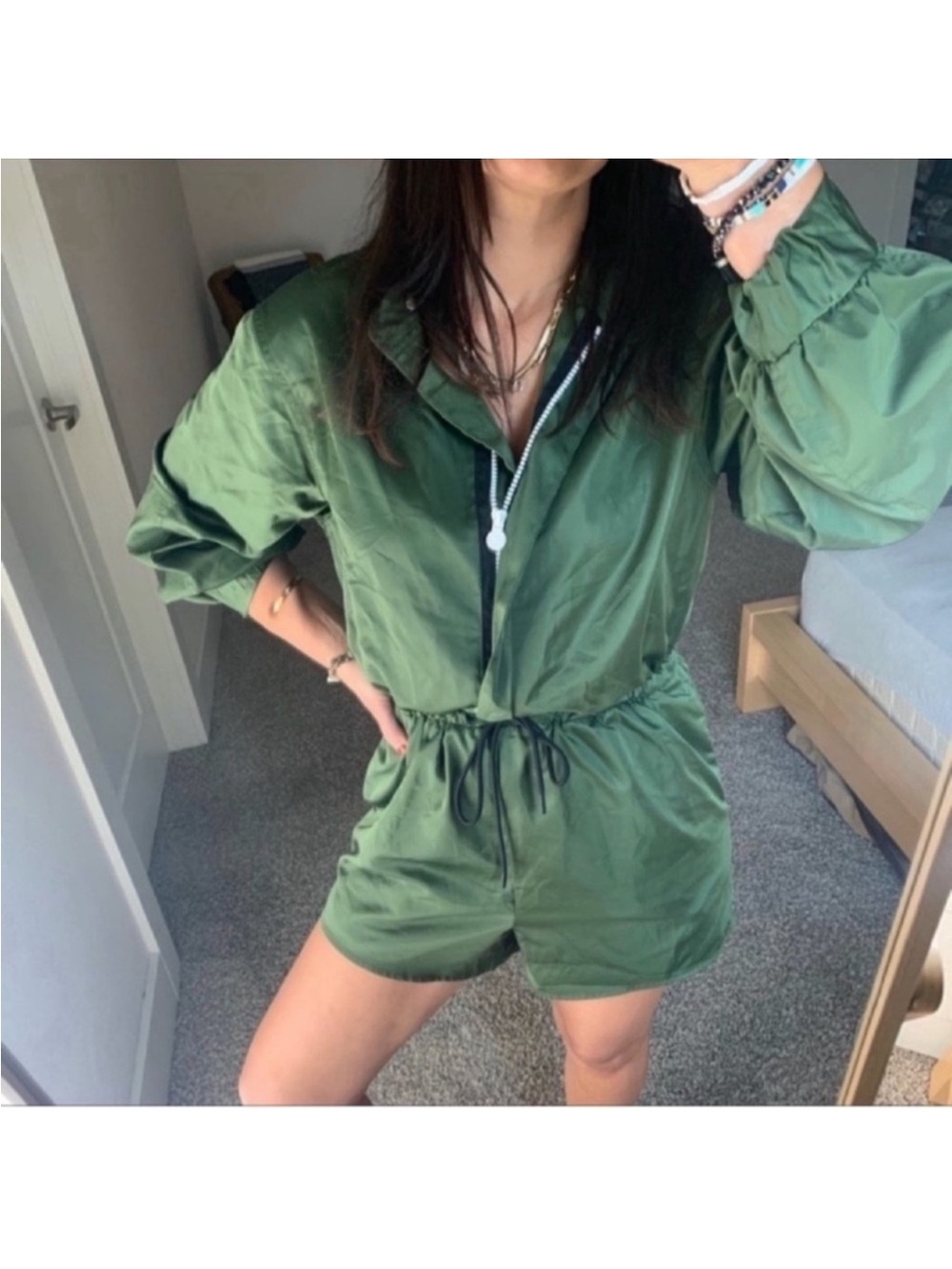 HUNTER Target Romper/jumpsuit Sz S Green Full zip Long Sleeves Drawstring